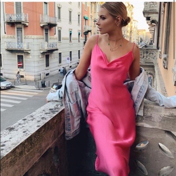 Zara Pink Satin Silk Cowl Neck Slip Midi Dress, Women'S Fashion, Dresses &  Sets, Dresses On Carousell