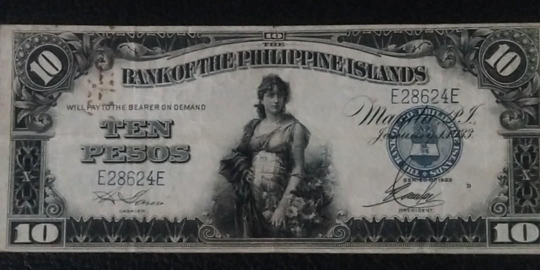 10 Pesos BPI Banknote (Category: Currency) located in Manila. Submitted by angeljane7778 (Listing ID 1154491407, Image 1). Description: 1933 10 Pesos Bank of the Philippine Islands Banknote in Circulated condition Php 4500, plus shipping Php 150..