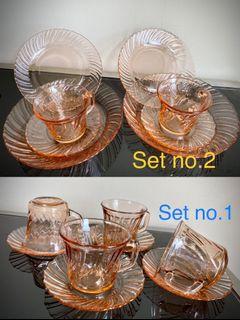 ($2.25 per piece) Vintage Glassware 🇲🇽 Mexico Fortecrisa Rosalind Gold/Pink Swirl Tea Cup with Saucer/21.3 bowls/18 plates option （Similar theme as a French Arcoroc collection) 