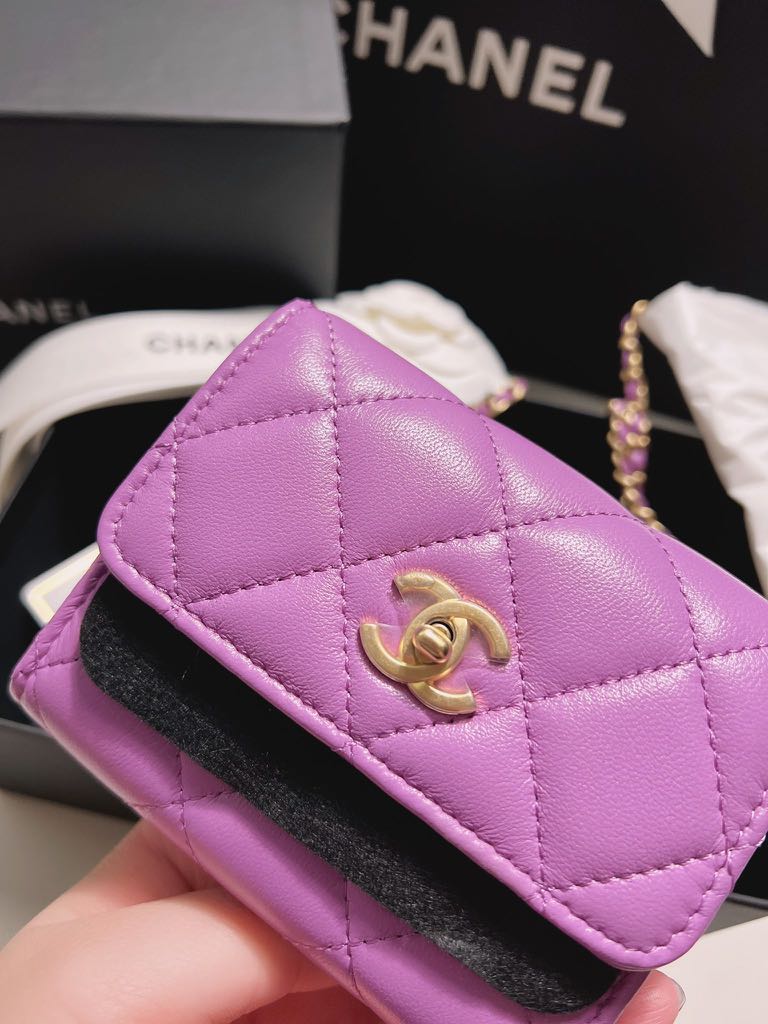 Chanel Purple Lambskin Leather Card Holder Chain