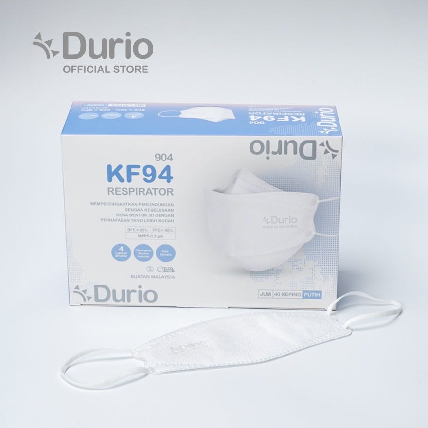 Durio 904 4Plys Adult KF94 Respirator White (40 Pcs/box), Health