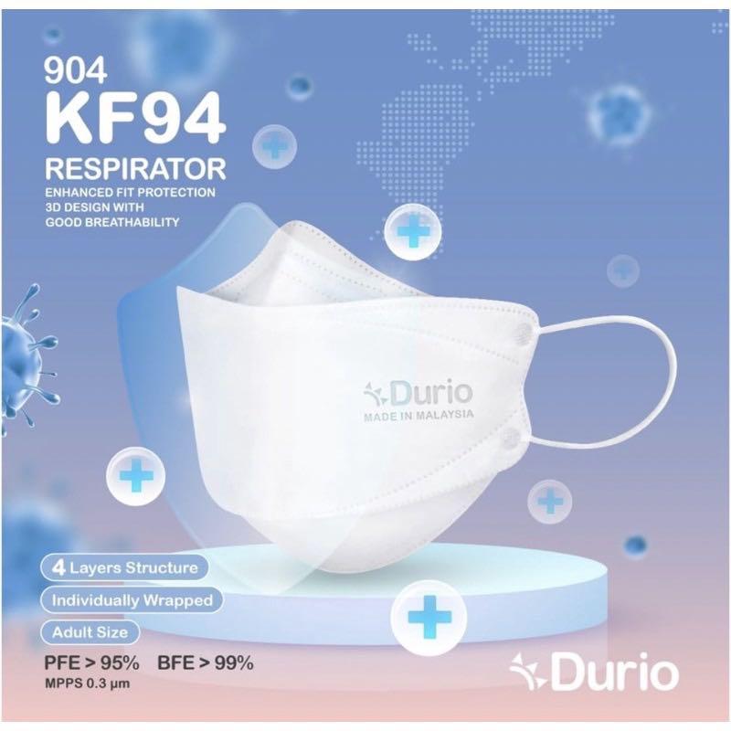 Durio 904 4Plys Adult KF94 Respirator White (40 Pcs/box), Health