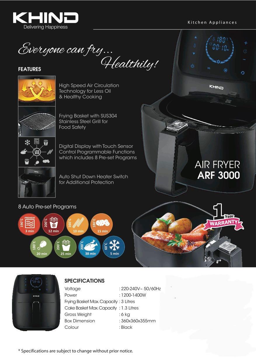 KHIND 3L Air Fryer ARF3000, TV & Home Appliances, Kitchen Appliances