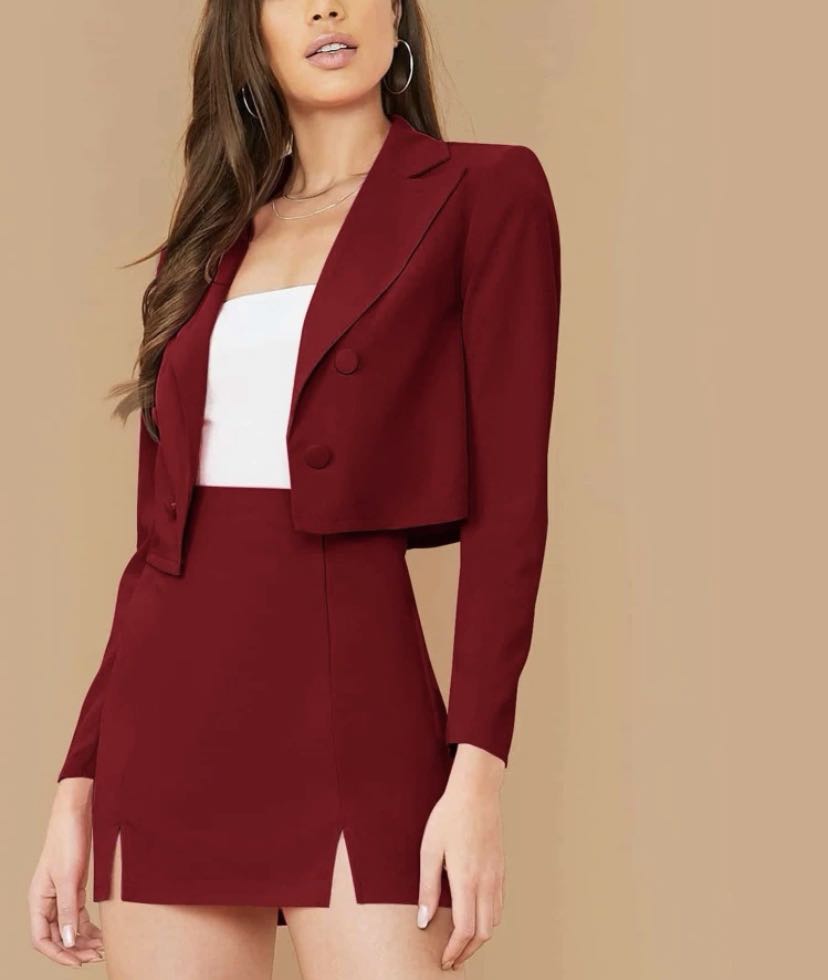 Maroon Red Cropped Blazer Slit Mini Skirt Set Terno