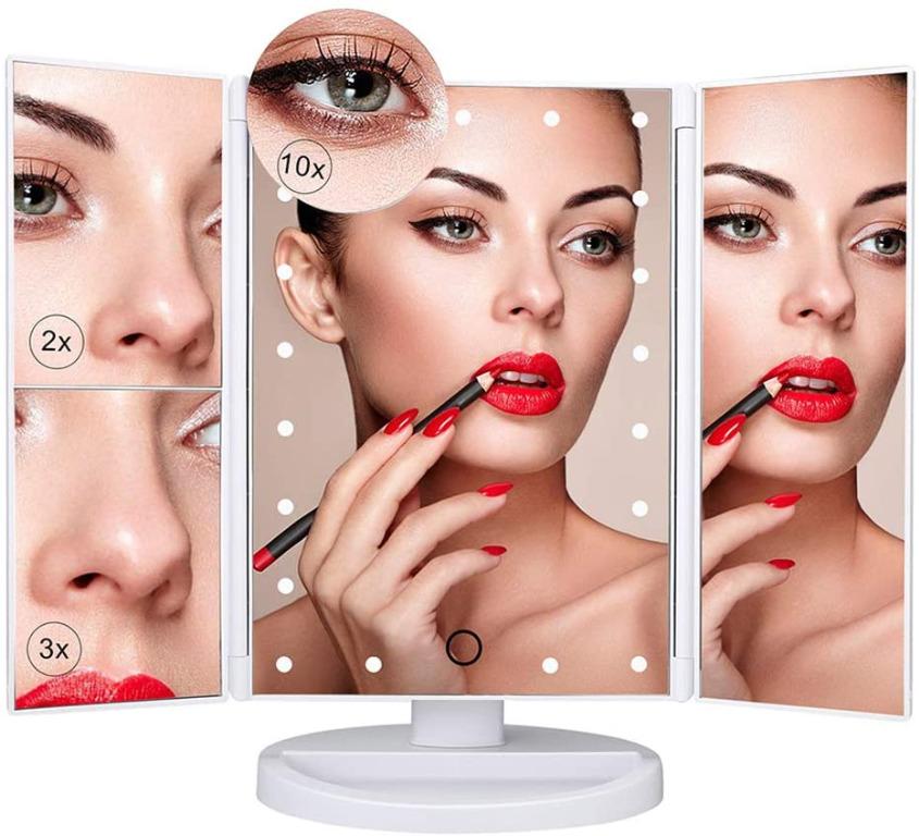 Nestling Makeup Mirror With Led Lights, 21 Led Lights Vanity Cosmetic Mirror  With Touch Screen, Magnification Tri-Fold 2X 3X 10X Magnifying, 180° Free  Rotation, Dual Power Supply Led Mirror (White) [4158], Furniture