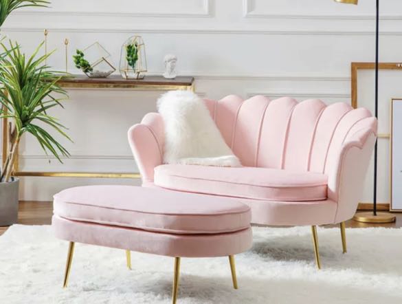 Pink Velvet Scallop 2 Seater Sofa with Leg Rest Furniture Home