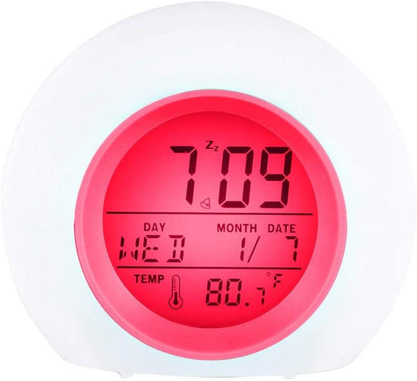 up to 8 Glowing Colors Changing and 6 Natural Alarm Sound modes-Pink YUES Digital Alarm Clock Bedside Wake Up Light with Calendar and Thermometer