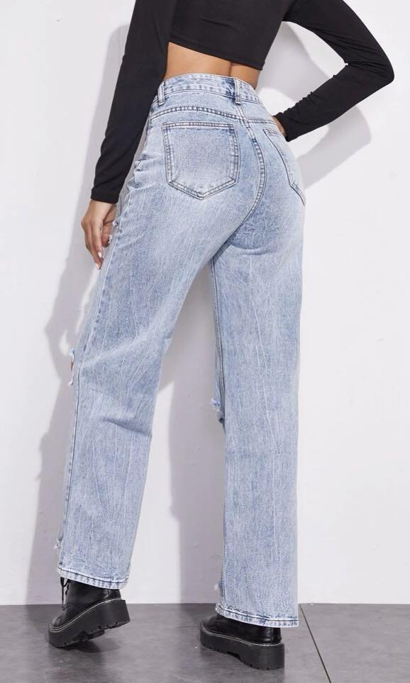 shein high waisted wide leg distressed blue jeans, Women's Fashion, Clothes  on Carousell