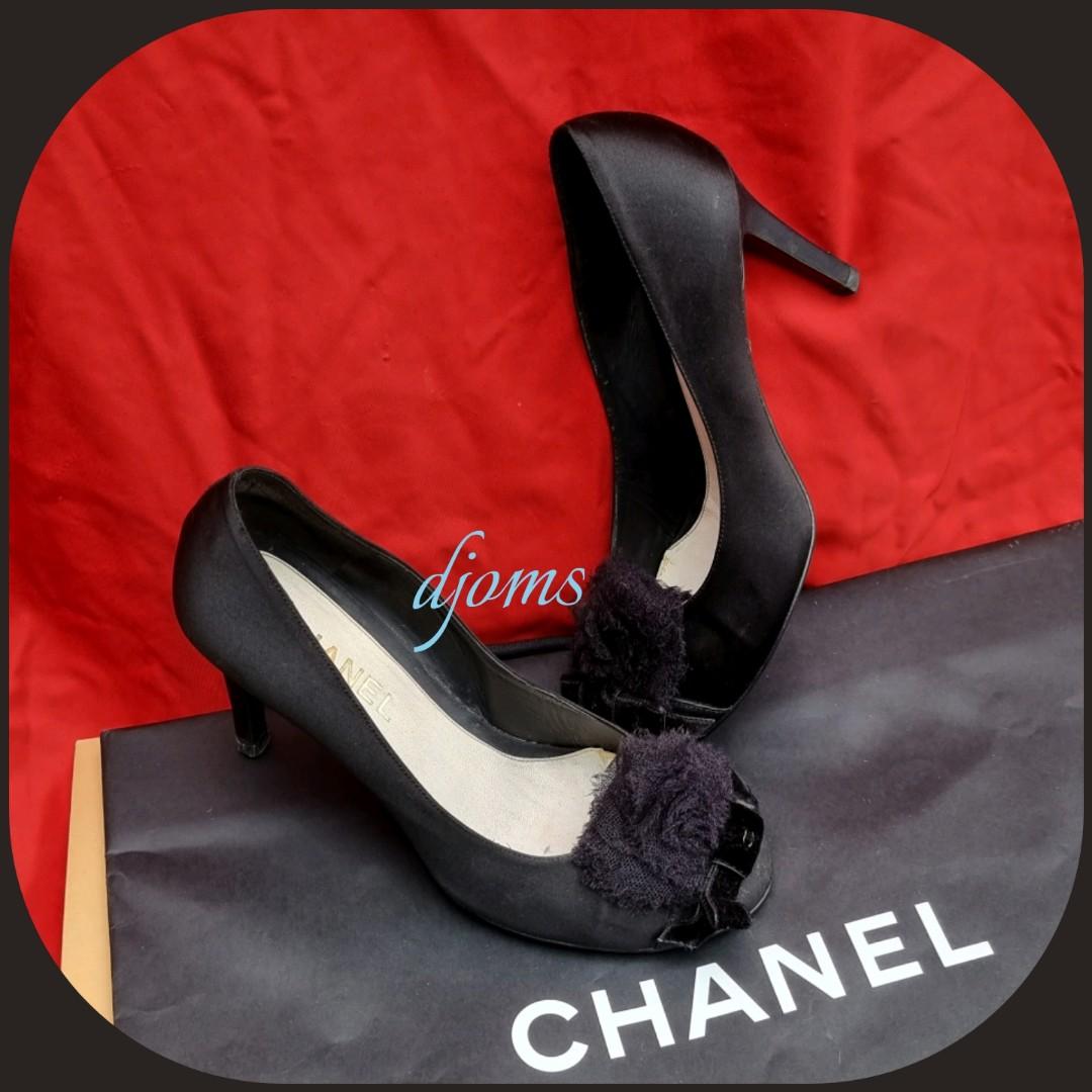 🛑Sz 38.5 / 8 Chanel Black Camellia Lace Bow Satin Pumps Shoes