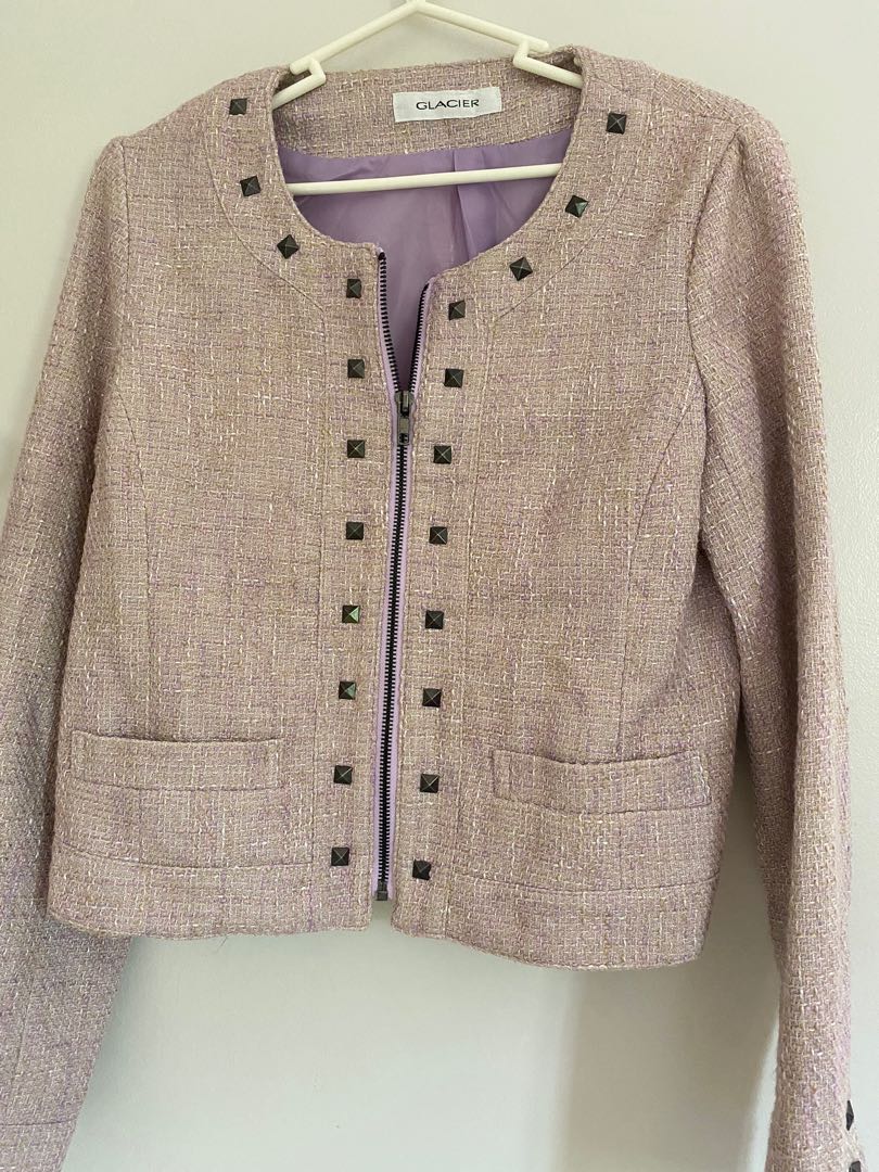 Tweed blazer in pink and purple combination with studs, Women's Fashion ...