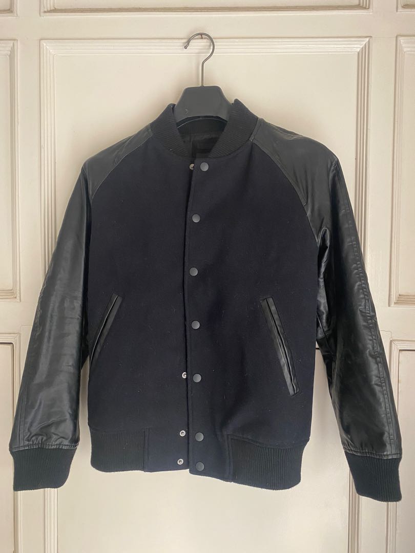 Uniqlo Black Varsity Jacket with Leather Sleeves, Men's Fashion, Coats ...