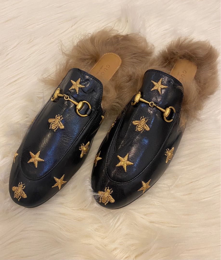 Authentic Gucci Princetown Bee Star Fur Mule Luxury Sneakers