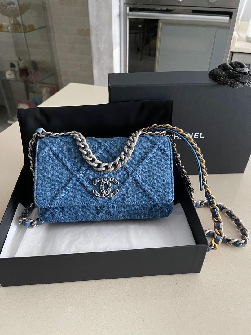 Chanel 2022 Denim Quilted 19 Wallet on Chain Woc Crossbody Bag