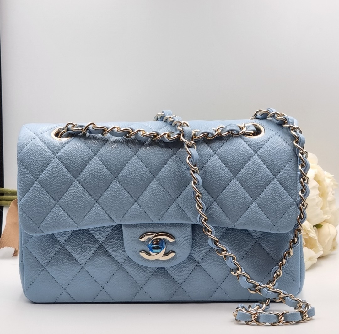 Chanel 22S Blue Caviar Small Size Classic Flap with Champagne Gold  Hardware. 