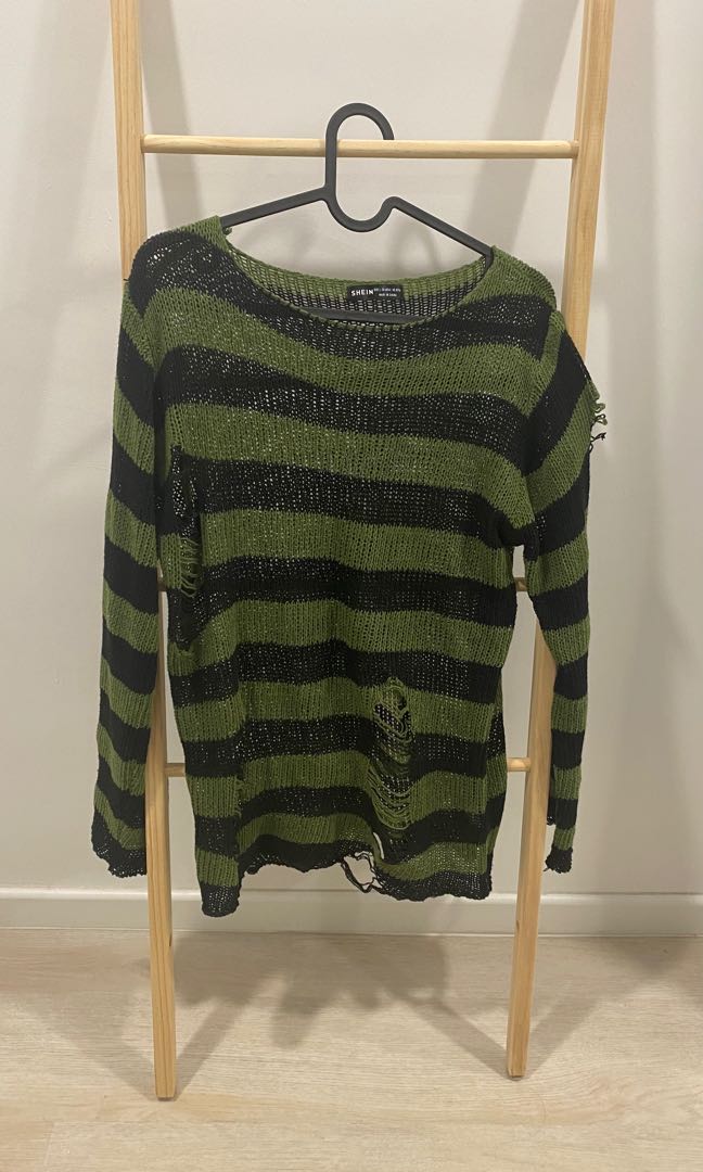 grunge ripped green striped sweater TXT inspired Women s Fashion