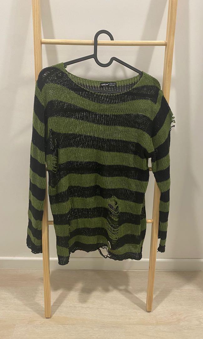 grunge ripped green striped sweater TXT inspired