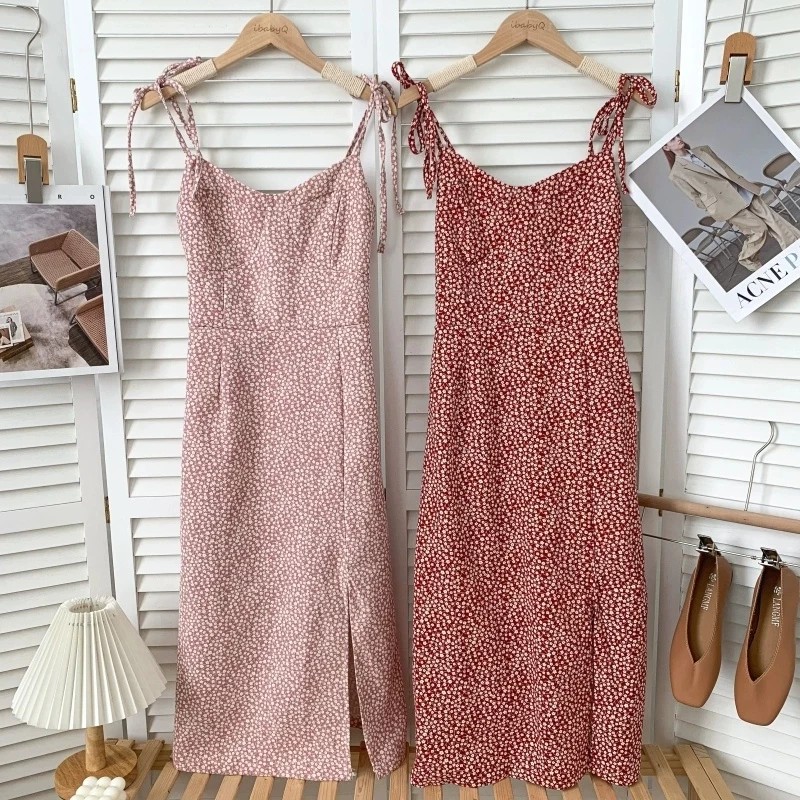 [POD11] Ribbon Tie Straps Floral High Slit Camisole Maxi Dress, Women