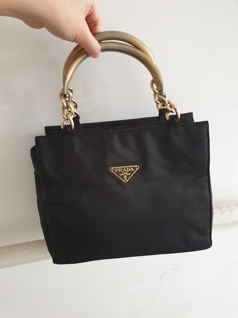 PRADA Classic Black Tessuto Nylon Metal Handle Hand Bag Vintage
