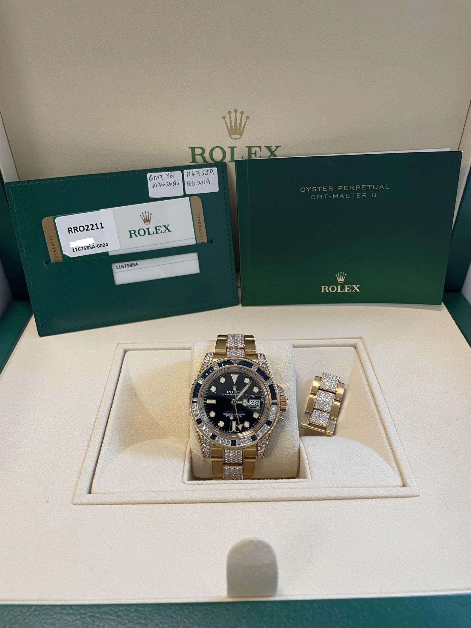Rolex GMT II 116758 SA (Category: Watches) located in Singapore. Submitted by Watchyousay (Listing ID 1154611799, Image 3). Description: LNIB Rolex GMT Full set Reference: 116758SA-004 Diameter: 40mm Material: YELLOW GOLD Bezel: Rolex factory Blue Sapphire and diamond bezel Lug: Rolex factory diamond lug Dial: Black Bracelet: Rolex factory diamond bracelet Year: 2019 Condition: 99.99% Unpolished with RX8 since day 1 Under Rolex 5 years internatio