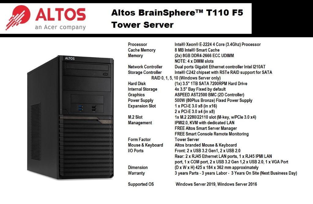 SERVER- Acer Altos BrainSphere™ T110 F5 Intel Xeon E-2224 4 Core (3.4Ghz) Processor Tower Server (Category: Computer Parts) located in Quezon City. Submitted by ann_xbs (Listing ID 1154716762, Image 3). Description: Processor Intel® Xeon® E-2224 4 Core (3.4Ghz) Processor Cache Memory 8 MB Intel® Smart Cache Memory (2x) 8GB DDR4-2666 ECC UDIMM NOTE: 4 x DIMM slots Network Controller Dual ports Gigabit Ethernet controller Intel I210AT Storage Contr