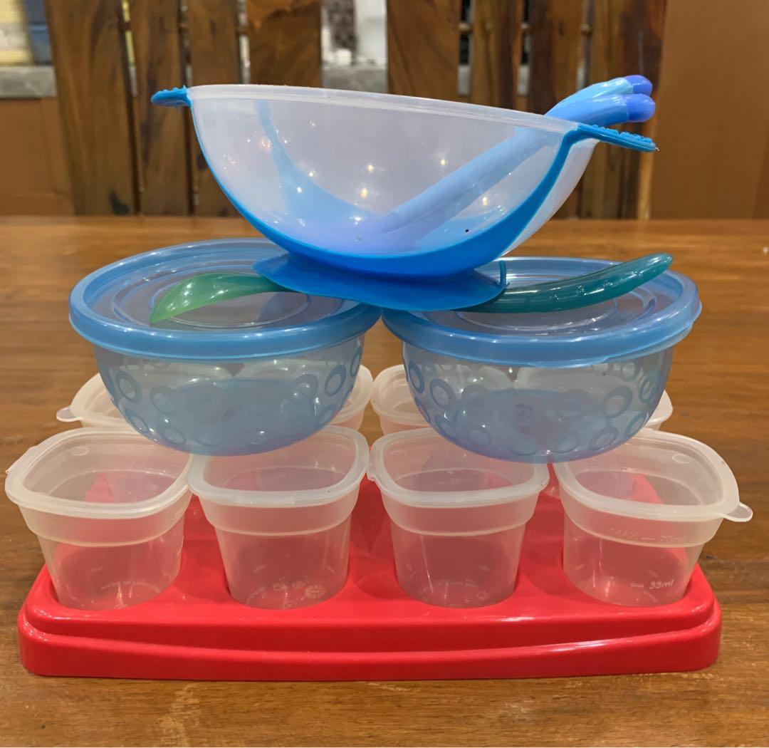 Solid food toddler feeding set (Category: Weaning & Toddler Feeding) located in Quezon City. Submitted by nanayandkidspreloved (Listing ID 1154638398, Image 3). Description: Feeding utensils (solid food) 8-pc frozen food containers 1 training cup 2-pc bowl 1 pc spoon 3-pc set feeding bowl.