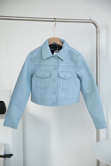 Stradivarius Baby Blue Cropped Leather Jacket