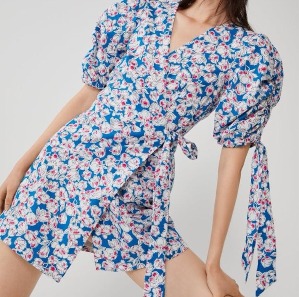 Zara blue floral wrap dress clearance