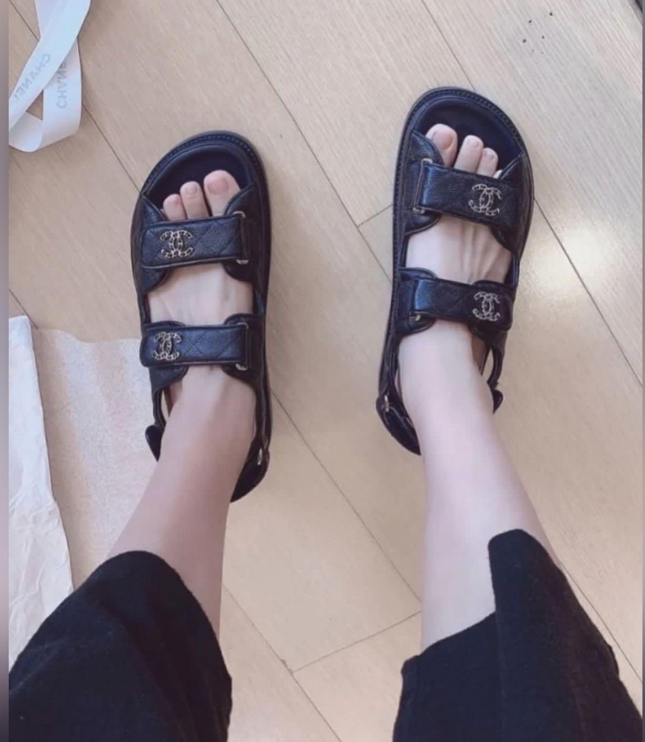 🆕 AUTHENTIC CHANEL DAD SANDALS BLACK CAVIAR, Women's Fashion, Footwear,  Sandals on Carousell