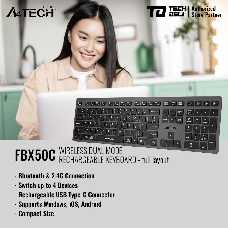 A4Tech FStyler FBX50C Dual Mode Rechargeable Keyboard for PC, Laptop ...