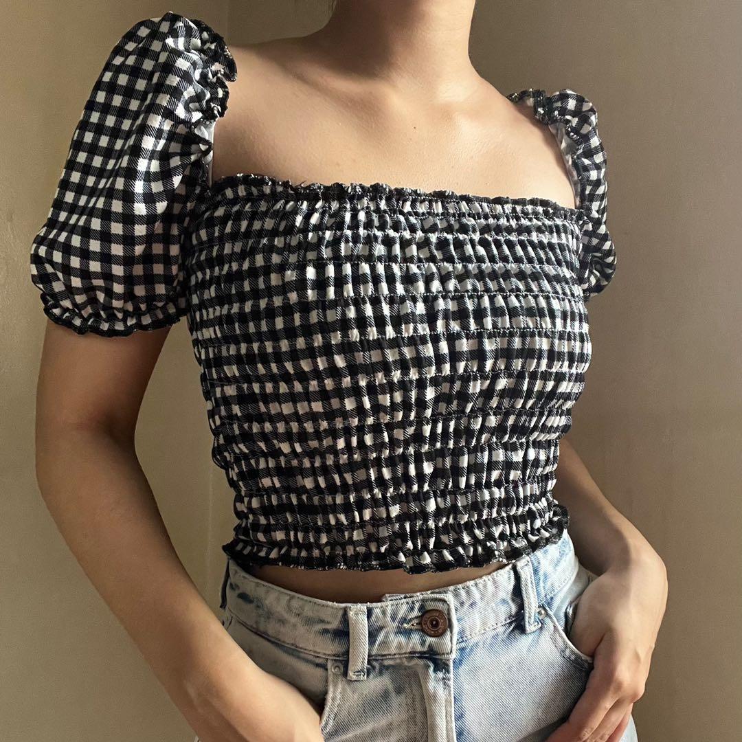 Checkered puff sleeve top best sale
