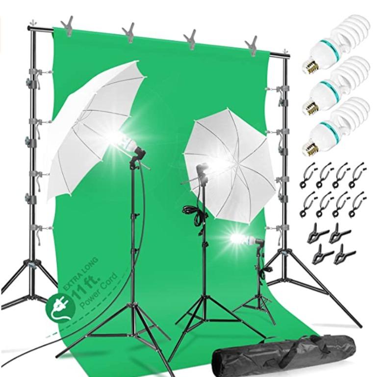 LIMOSTUDIO Kit complete with backdrop stand, screen, and umbrella lighting (Category: Lighting & Studio Equipment) located in Marikina City. Submitted by skowshop (Listing ID 1154898298, Image 1). Description: Color Green Size Small oversize Brand LimoStudio Occasion Baby Shower Product Care Instructions Machine Wash About this item: ⭐[1 x] 10 x 9.6 ft. Backdrop Stand [1 x] 10 x 20 ft. Green Backdrop [2 x] 33-inch White Umbrella [3 x] Light Stand