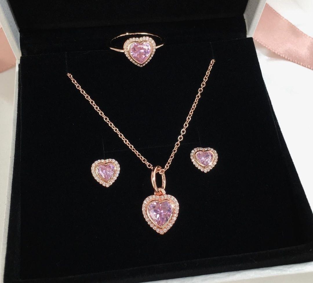 Pandora rosegold pink heart set of necklace ring and earrings Women s Fashion Jewelry Organizers Necklaces on Carousell