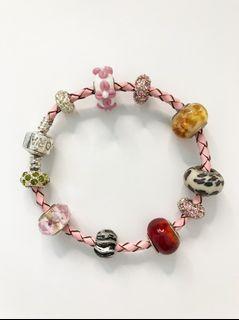 Pink Pleather Braid Bracelet with 10 Colourful Pendants