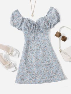 Eviana Short Blue Floral Dress w/ Ruched Bust