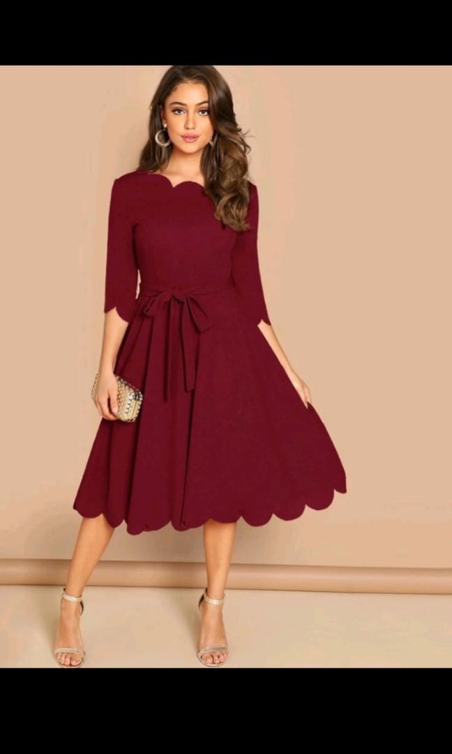 SHEIN maroon scallop detail midi dress