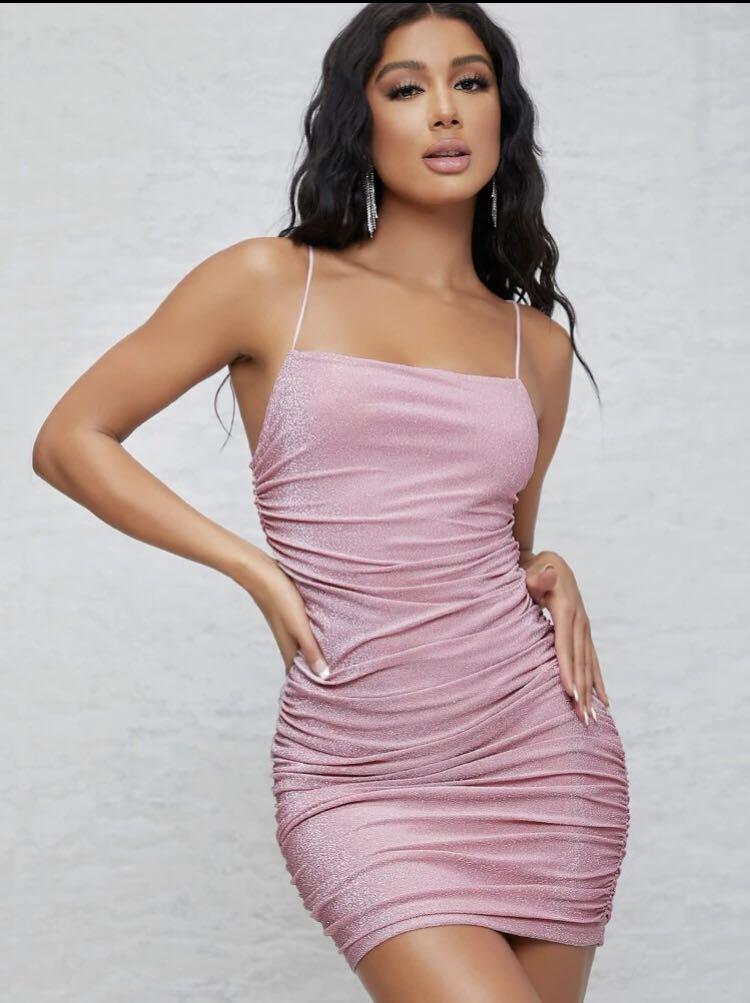 Pink Glitter Sparkly Bodycon Plunge Mini Dress | Dresses | Femme Luxe UK