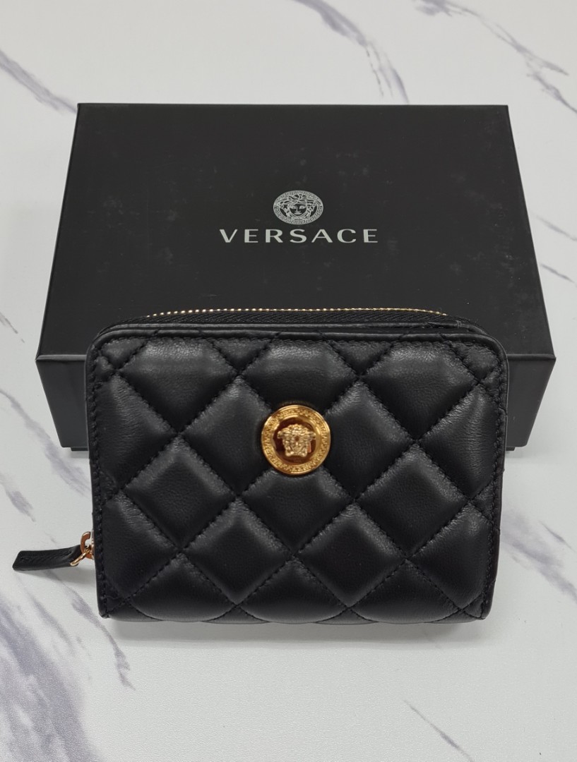 VERSACE ZIP AROUND QUILTED SMALL WALLET BLACK, Women's Fashion, Bags & Wallets, Wallets & Card