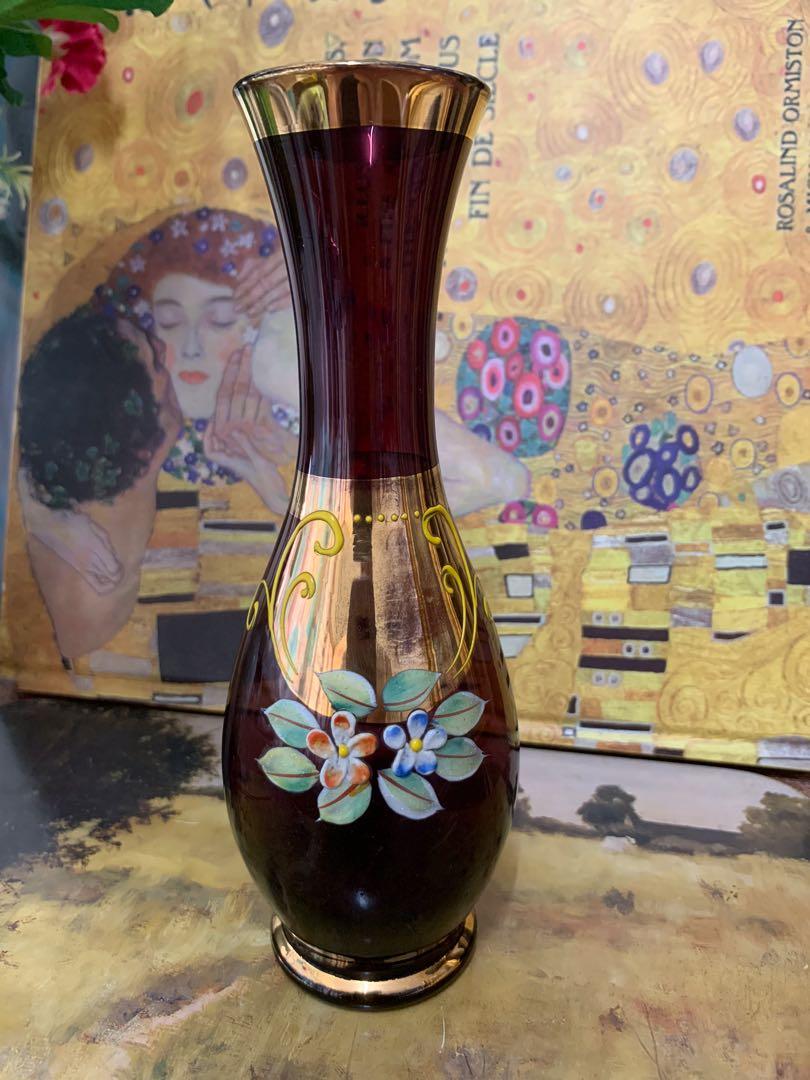 Vintage Bohemian Purple Glass Vase With Gold Trim And Hand Painted Flowers Furniture Home Living Decor Vases Decorative Bowls On Carou