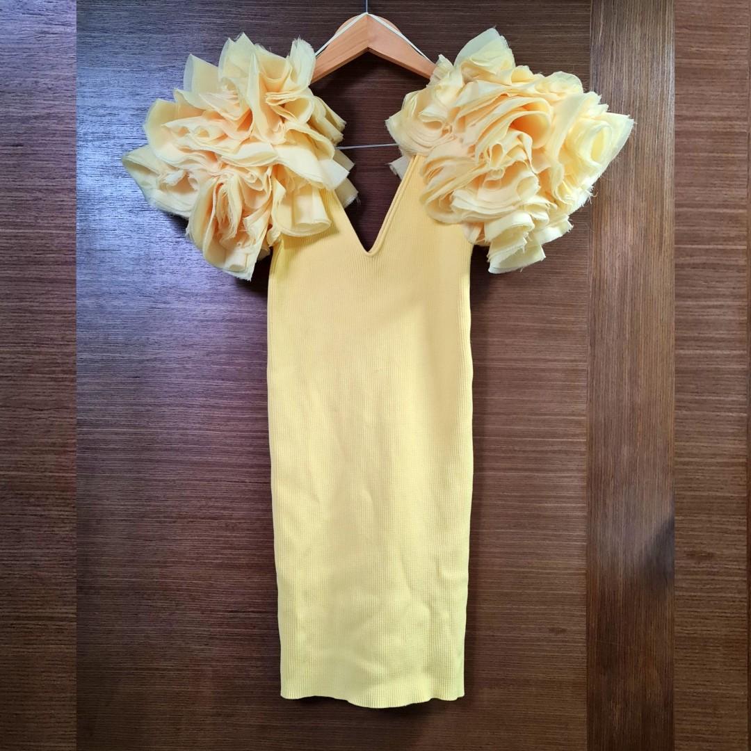 ZARA Knit with puff organza sleeve yellow party dress, Women's ...