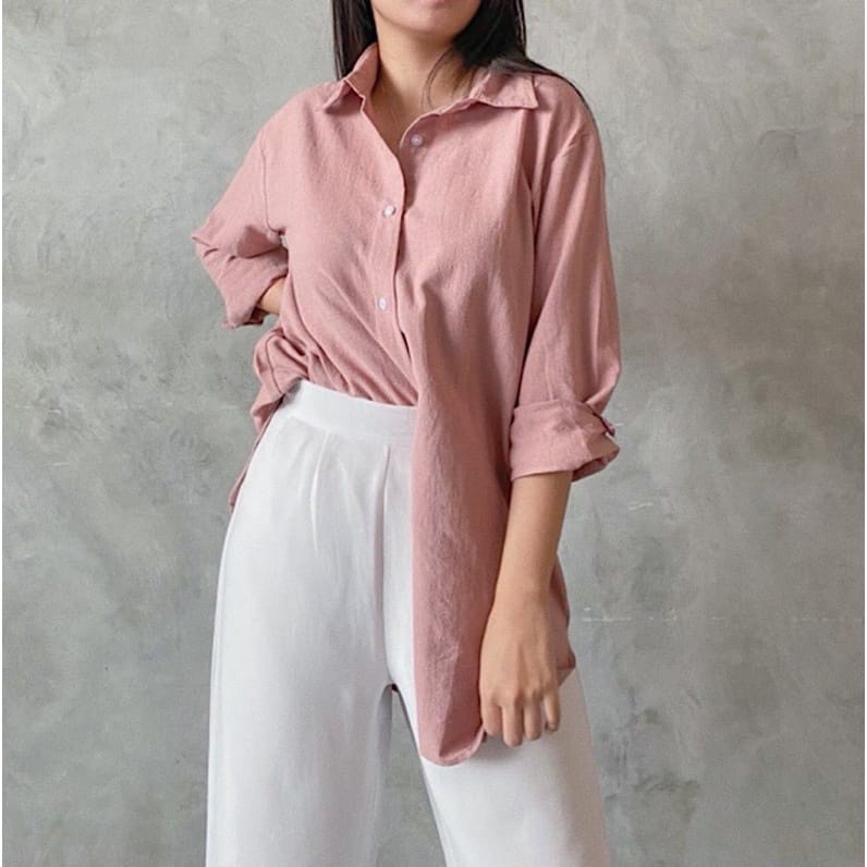 990 Oversize Linen Shirt, Fesyen Wanita 
