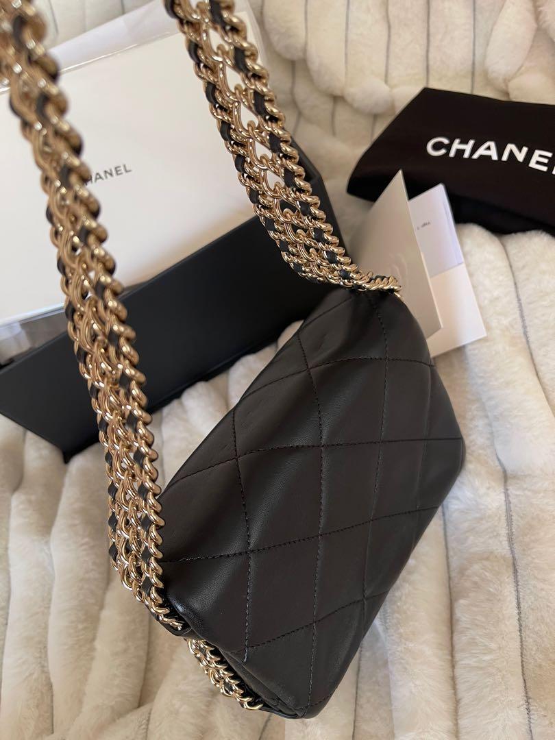 Chanel 22P Triple-Chain Mini Flap in Black Lambskin, Luxury, Bags & Wallets  on Carousell
