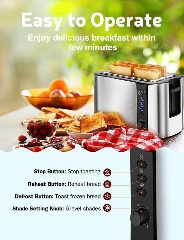 Ikich 4 Slice Long Slot Stainless Steel Toaster