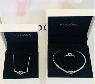 Pandora heart set of bangle, necklace and ring in silver