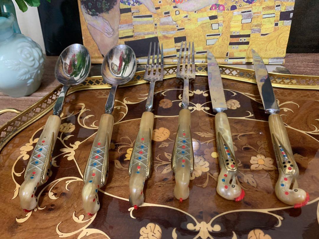 VINTAGE HADDAD JEZZINE SERVING SET (6 PC) W/ CARVED CREAM HORN PHOENIX BIRD INLAY HANDLES