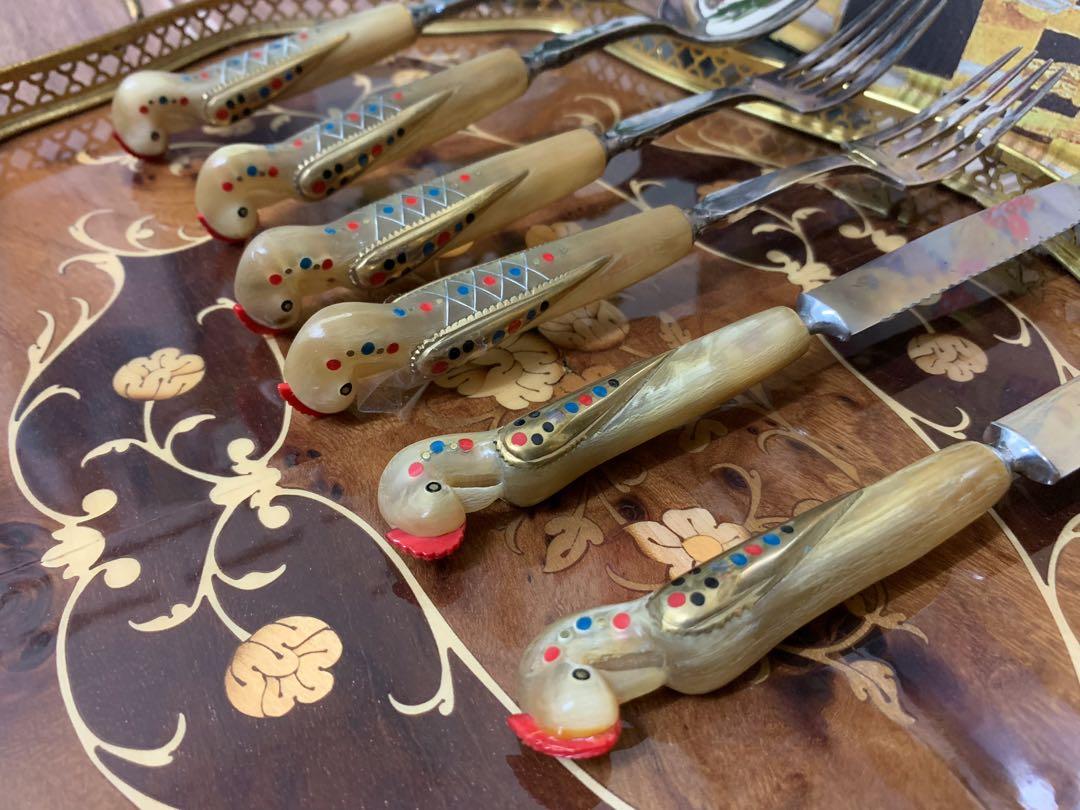 VINTAGE HADDAD JEZZINE SERVING SET (6 PC) W/ CARVED CREAM HORN PHOENIX BIRD INLAY HANDLES