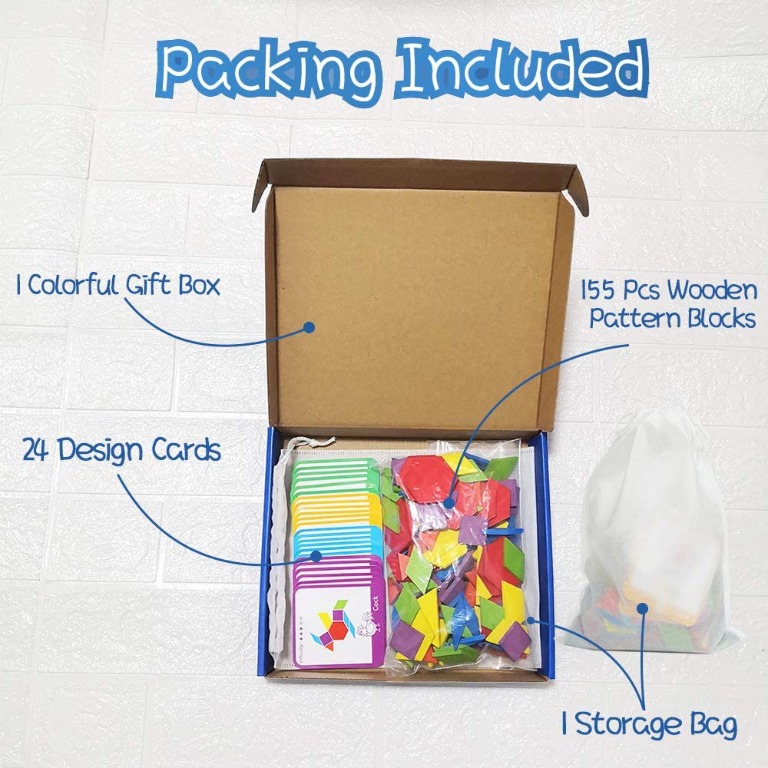Wooden Pattern Blocks Set 155 Pcs Tangram Blocks for Kids Geometric ...