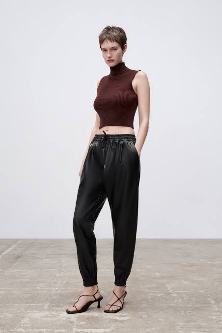 Zara Jogger Leather Pants Black, Fesyen 