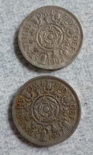 1962 1967 2pcs Two Shillings Queen Elizabeth UK.coins