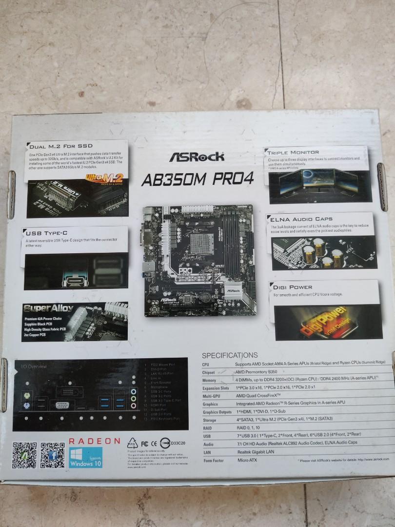 ASRock AB350M PRO4 motherboard, Computers & Tech, Parts & Accessories