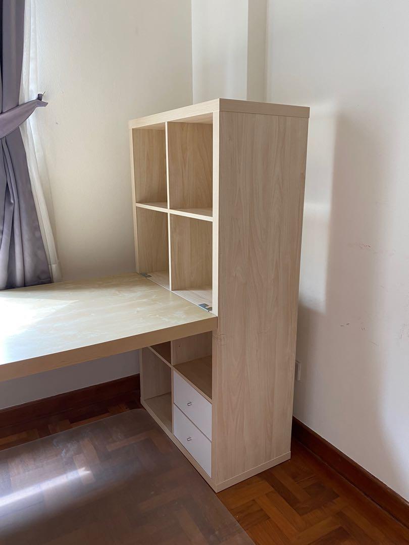 IKEA Kallax Shelving unit, white stained oak effect 77x147 cm with desk